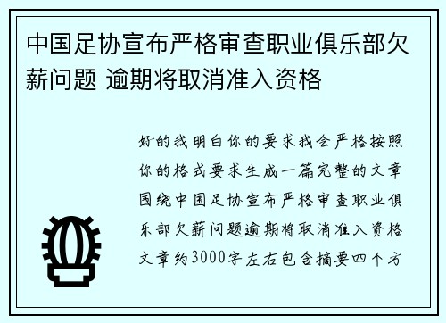 中国足协宣布严格审查职业俱乐部欠薪问题 逾期将取消准入资格