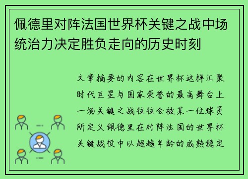 佩德里对阵法国世界杯关键之战中场统治力决定胜负走向的历史时刻 佩德里对阵法国世界杯关键之战中场统治力决定胜负走向的历史时刻